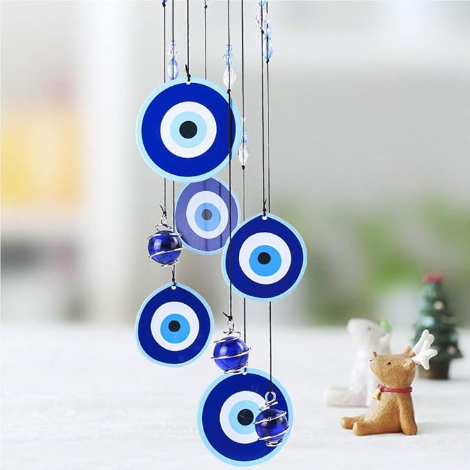 YU FENG Blue Evil Eye Wind Chimes for Outside 19" Hanging Ornament Metal Windchimes Outdoors Garden Decoration