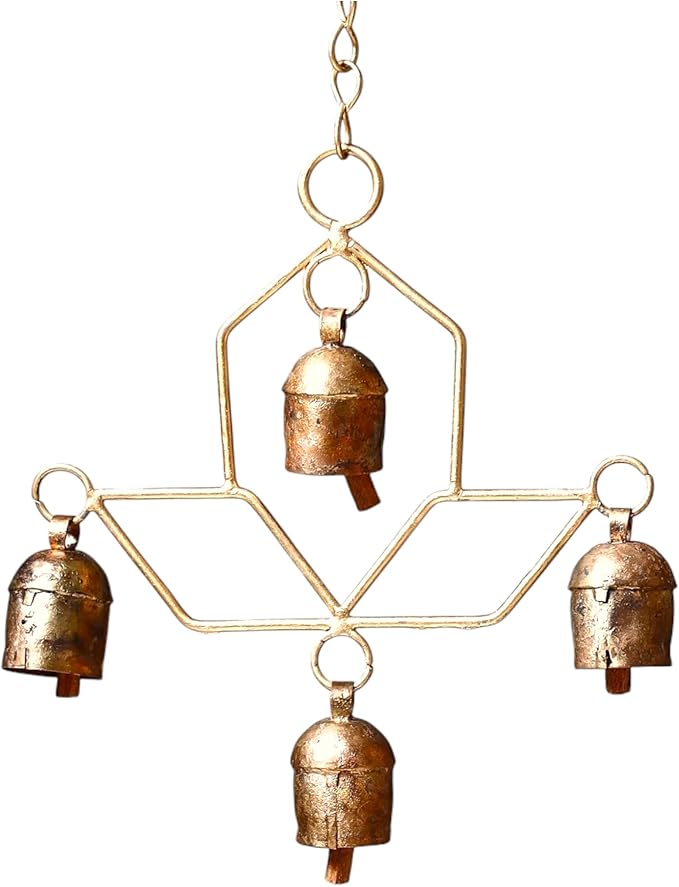 Handmade Wind Chime Bell – Rustic Hanging 4 Bell for Porch, Garden, Balcony, Christmas Decor – Farmhouse Jingle Bells, Witch Bells, Lucky Cow Bells, Boho Ornament Indoor Outdoor - 8 x 4 Inch