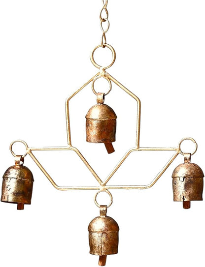 Handmade Wind Chime Bell – Rustic Hanging 4 Bell for Porch, Garden, Balcony, Christmas Decor – Farmhouse Jingle Bells, Witch Bells, Lucky Cow Bells, Boho Ornament Indoor Outdoor - 8 x 4 Inch