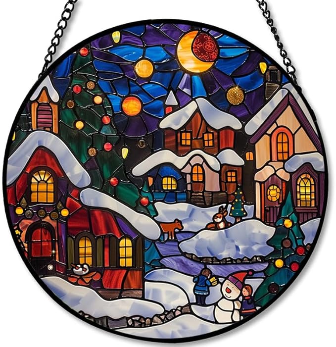 Stained Glass Window Hanging - Christmas Snowy Village at Night Sun Catchers Panel for Indoor Decorative Display for Mom, Wife, Lovers, Festive