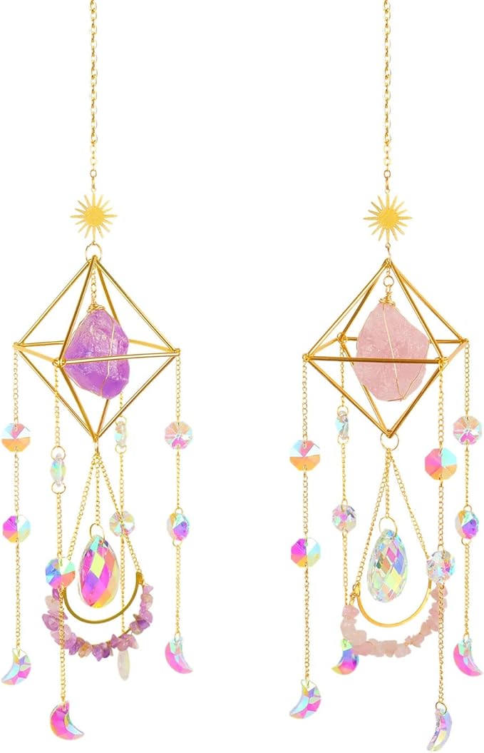 Amethyst Suncatcher Crystal Boho Decor, St Valentine's Day Gift Spiritual, Purple Gemstone Sun Catcher Hanging for Windows, Birthstone Hanging, Raw Stone (Amethsyt)