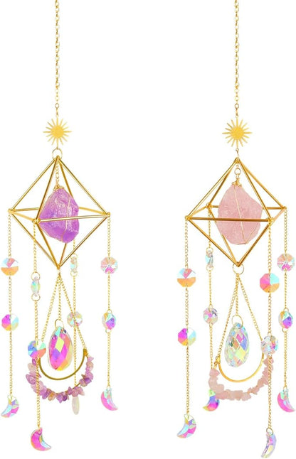 Amethyst Suncatcher Crystal Boho Decor, St Valentine's Day Gift Spiritual, Purple Gemstone Sun Catcher Hanging for Windows, Birthstone Hanging, Raw Stone (Amethsyt)