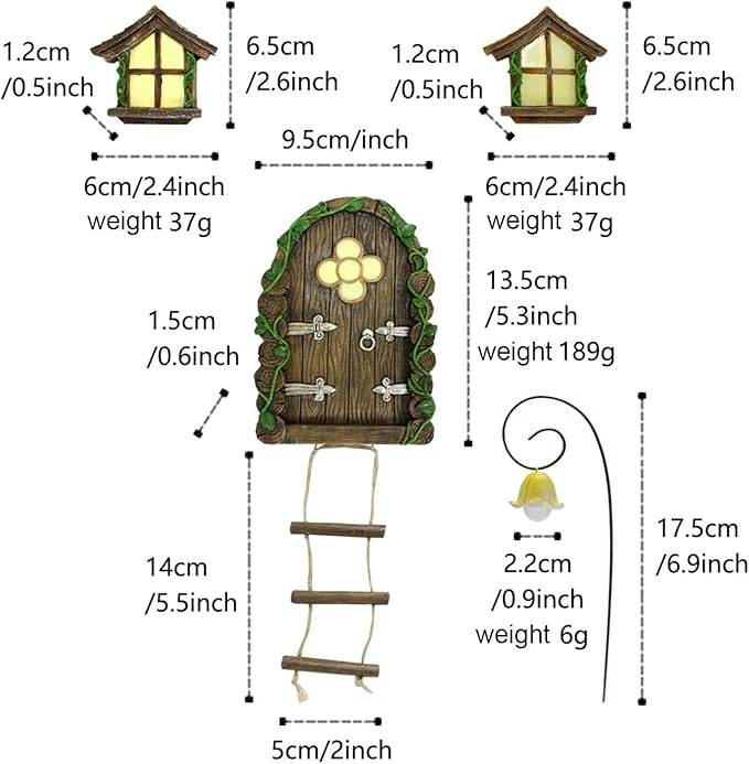 Fairy Garden Decor Fairy Door and Windows for Trees, Glow in The Dark Yard Sculpture Lawn Ornament Mini Garden Art Outdoor Decor Accessories with Lantern (C)