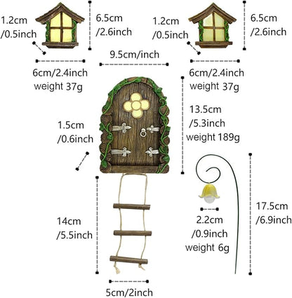 Fairy Garden Decor Fairy Door and Windows for Trees, Glow in The Dark Yard Sculpture Lawn Ornament Mini Garden Art Outdoor Decor Accessories with Lantern (C)
