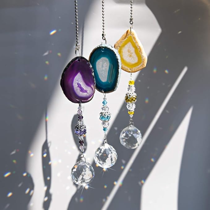 H&D HYALINE & DORA Pack 3pcs Suncatcher Hanging 30mm Crystal Ball with Agate Slices Wind Chimes Ornaments Decor for Window Home Garden