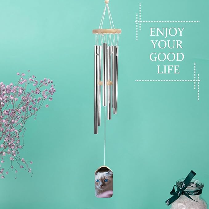 Wind Chimes for Outside,Blue Eyed Cat Printed Cute Aluminium Windchimes Outdoors,Soothing Melodic Memorial Wind Chime for House Porch Patio Garden Balcony Decor
