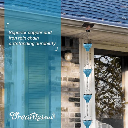 dreamysoul Rain Chains for Outside, 9.41FT with 8 Hollow Hummingbird Pattern Cups Rain Catcher Chains, Outdoor Rain Gutter Chains for Downspout, Eaves Drainage