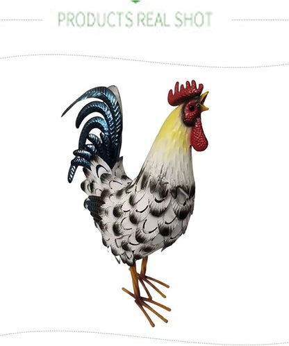 Metal Rooster Decor， Chicken Animal Yard Art Lawn Ornament Figurines Artwork for Outdoor, Patio,Backyard and Home Kitchen Decoration (Black and White)