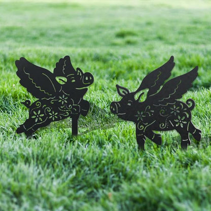 WADORN 2 Styles Flying Pig Metal Decorative Garden Stakes, Funny Pig Flowers Metal Silhouette Statues Animal Garden Ornament Gifts Black Yard Art Decoration for Outdoor Backyard Patio Lawn Walkways