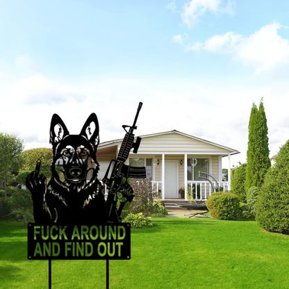 F Around & Find Out Dog Sentry Metal Dogs Silhouette Garden Stake with Middle Finger &Weapon Sign, FAFO Security Sign Middle Finger Dog Statue Decor for Outdoor Yard Patio (German Shepherd, 8 * 16")