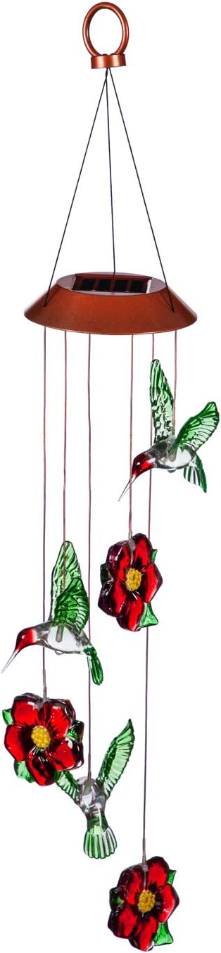 Evergreen Garden Beautiful Summer Colorful Hummingbirds and Flower Solar Hanging Mobile - 5 x 5 x 26 Inches Fade and Weather Resistant Outdoor Decoration for Homes, Yards and Gardens