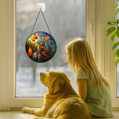 Stained Glass Window Hanging - Rabbit with Butterflies and Leaves Sun Catchers Indoor Stained Glass Panels Wall Decor for Mom,Wife,Lovers,Festive