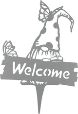 SteelFreak Gnome with Butterfly & Sign Metal Yard Stake Art (18 Inch, Silver Gray) - Made in USA