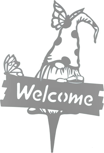 SteelFreak Gnome with Butterfly & Sign Metal Yard Stake Art (18 Inch, Silver Gray) - Made in USA