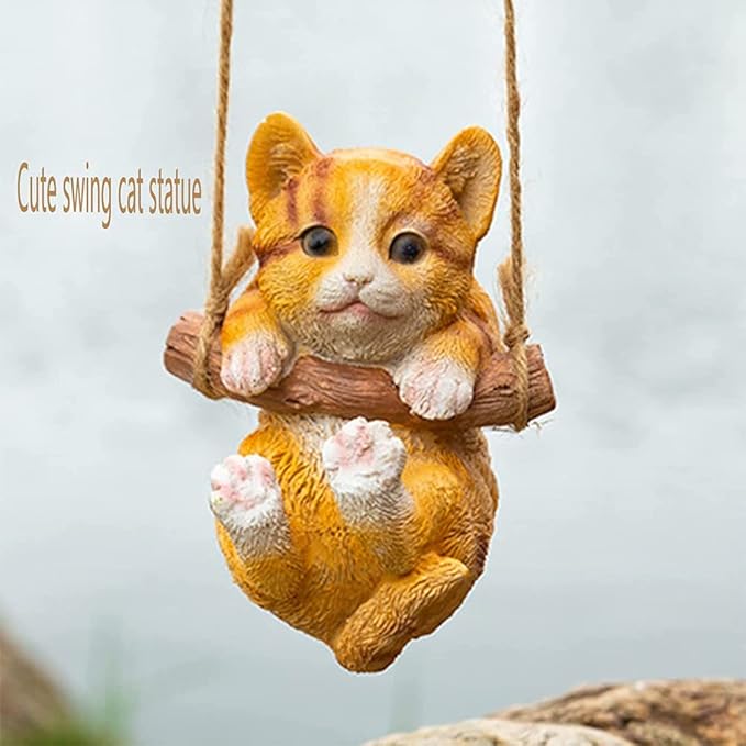 HYFAN Resin Cute Swing Small Cat Sculpture Outdoor Garden Home Office Room Hanging Decor Statue Figurine Pet Ornament Decoration with String (Orange)