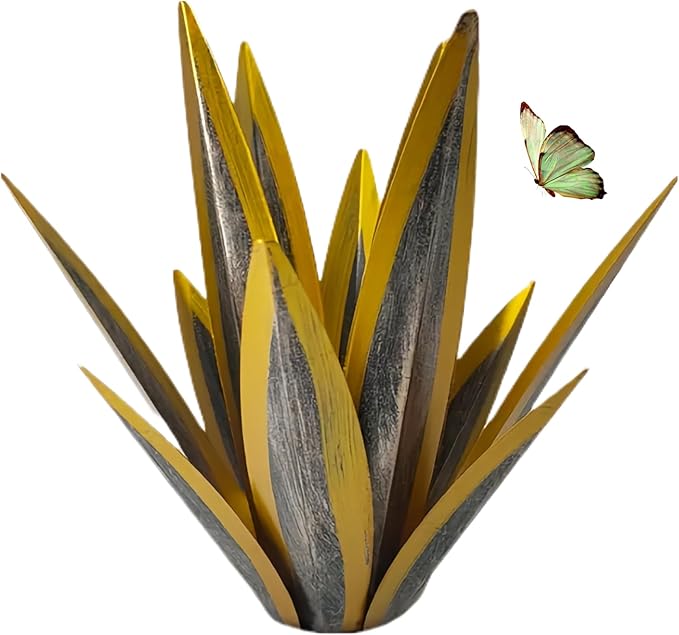 Outdoor Garden Metal Yard Art: Metal Agave Plants Outdoor Decor, Lawn Ornaments for Outside, Large Leaf Enlarge Thickened Artificial Agave Plant, for Outdoor Garden Yard Sculpture Decor (Yellow)