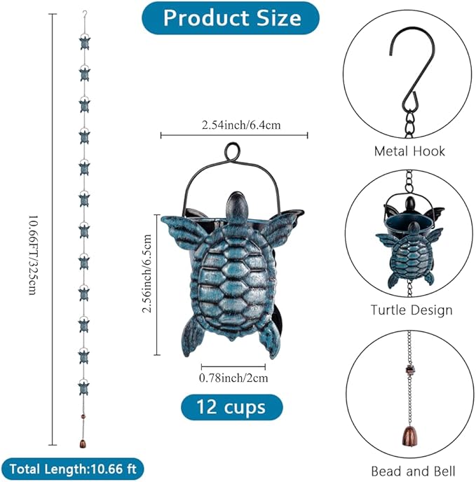10 FT Rain Chains for Gutter, Rain Chain with 12 Turtle Shape Cups Adjustable Rain Catcher Chain for Gutters, Eaves, Drainage, Replacement for Downpout