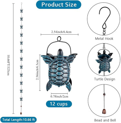 10 FT Rain Chains for Gutter, Rain Chain with 12 Turtle Shape Cups Adjustable Rain Catcher Chain for Gutters, Eaves, Drainage, Replacement for Downpout