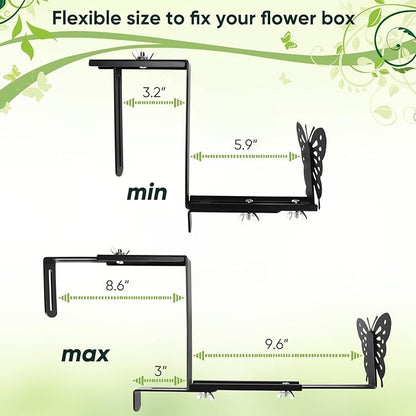 VIVIKEN Planter Box Bracket, Adjustable Hang Window Box Holder with Butterfly, Hanging Flower Pot Stand Brackets for Outdoor Patio Garden Fence Pergola Balcony Supporting Heavy Planters-4Pack