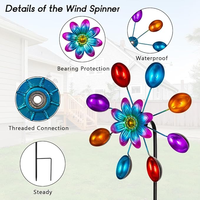 DREAMYSOUL Wind Spinners Outdoor, 10" Dia Colorful Metal Pinwheels for Yard and Garden, Kinetic Wind Sculptures & Spinner Outside (Red Flowers)