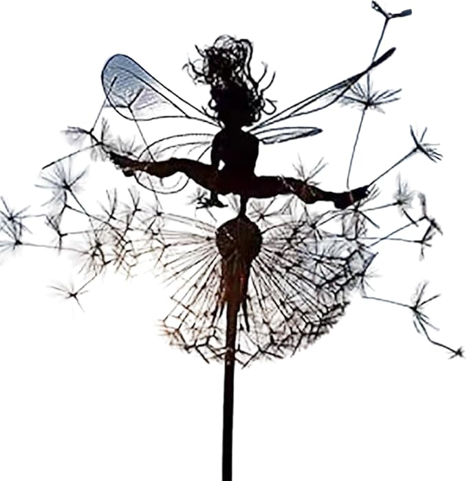 Flower Fairy Dancing with Dandelion, Fairy Garden Sculptures, Angel Metal Ornaments Gardens Art Sculpture, Stainless Steel Statue Garden Ornaments Art Decorations for Outdoor Yard Lawn Patio (H_flat)