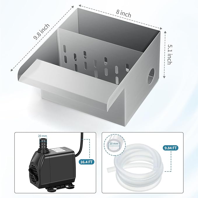 Pond Waterfall Spillway Kit with Filter Media & 800 GPH Pump, 304 Stainless Steel Waterfall Box, 9.8FT Hose, Complete Pond Kit for Outdoor Ponds, Koi Ponds, Fountain (8"L x 9.8"W x 5.1"H)