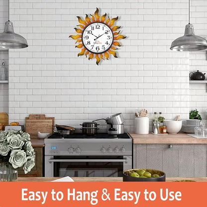 Outdoor Clock Silent Non-Ticking, 13" Sun Outdoor Wall Clock for Patio, Living Room, Home Decor（Gold）