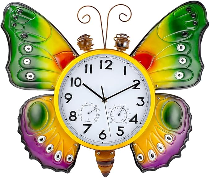 Large Outdoor Clock with Thermometer & Humidity - Silent Non-Ticking, Butterfly Outdoor Wall Clock for Patio, Garden, Kitchen, Living Room(Green & Gold)