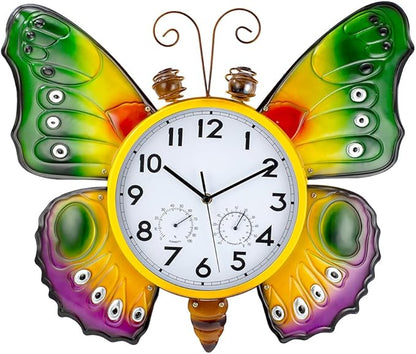 Large Outdoor Clock with Thermometer & Humidity - Silent Non-Ticking, Butterfly Outdoor Wall Clock for Patio, Garden, Kitchen, Living Room(Green & Gold)