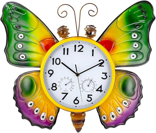 Large Outdoor Clock with Thermometer & Humidity - Silent Non-Ticking, Butterfly Outdoor Wall Clock for Patio, Garden, Kitchen, Living Room(Green & Gold)