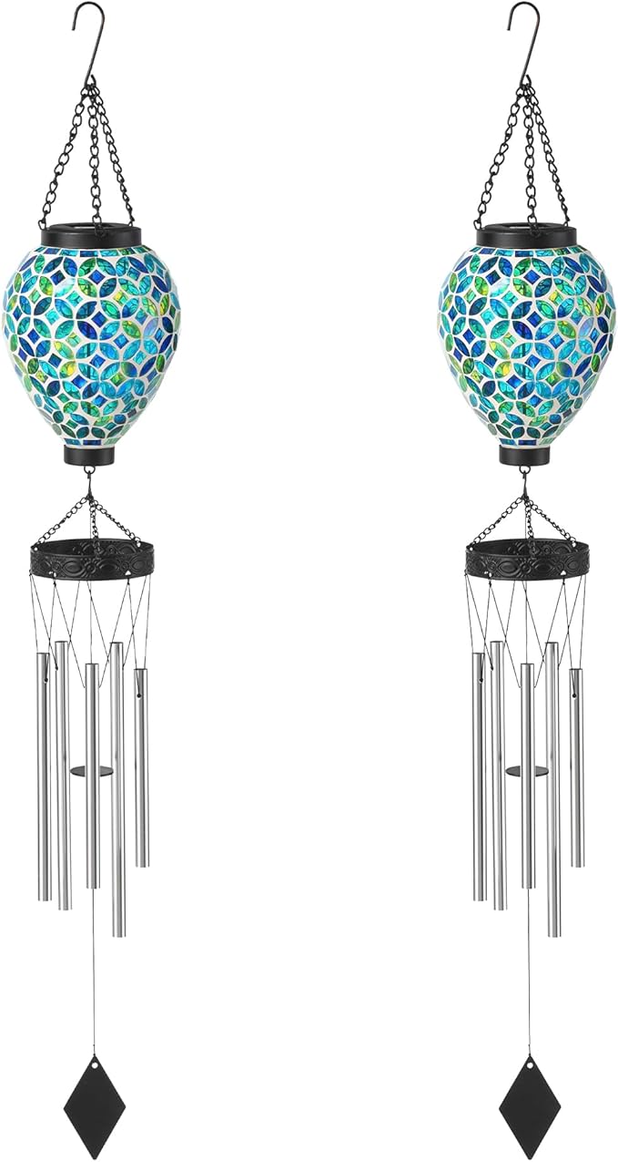 Glitzhome 2 Pcs 26" H Garden Wind Chimes Outdoor, Solar LED Outdoor Garden Lighting with Unique Memorial Sympathy, Solar Hanging Glass Ball Wind Chimes for Patio, Garden, Outdoor Home Decor
