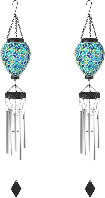 Glitzhome 2 Pcs 26" H Garden Wind Chimes Outdoor, Solar LED Outdoor Garden Lighting with Unique Memorial Sympathy, Solar Hanging Glass Ball Wind Chimes for Patio, Garden, Outdoor Home Decor