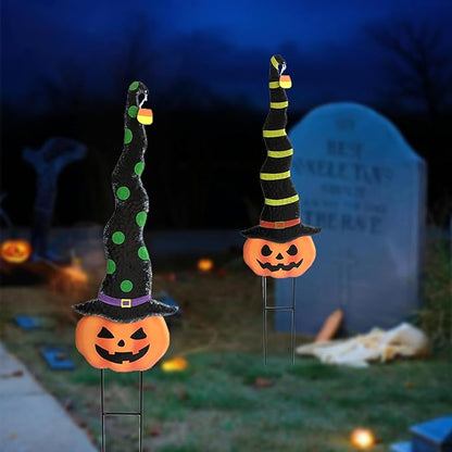 2 Pack Halloween/Thanksgiving Garden Decorations, Metal Jack-O-Lantern Yard Stakes with Witch Hats, Scary Yard Sign Outdoor Lawn Decor, Metal Pumpkin Art Garden Stake,Garden Sculpture Ornament