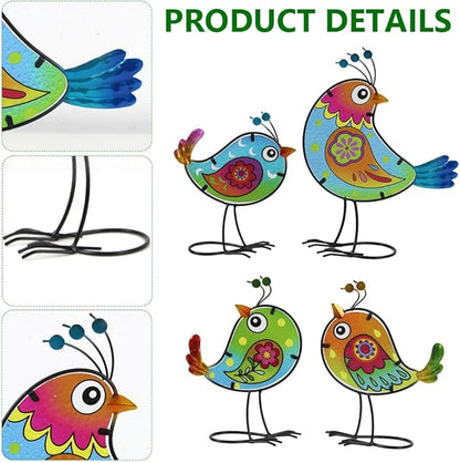 4 Pack Bird Garden Decor for Outside, Glass & Metal Yard Art Decoration for Porch Patio, Garden Statues Sculpture Gifts for Grandma Mom Women (Colorful)