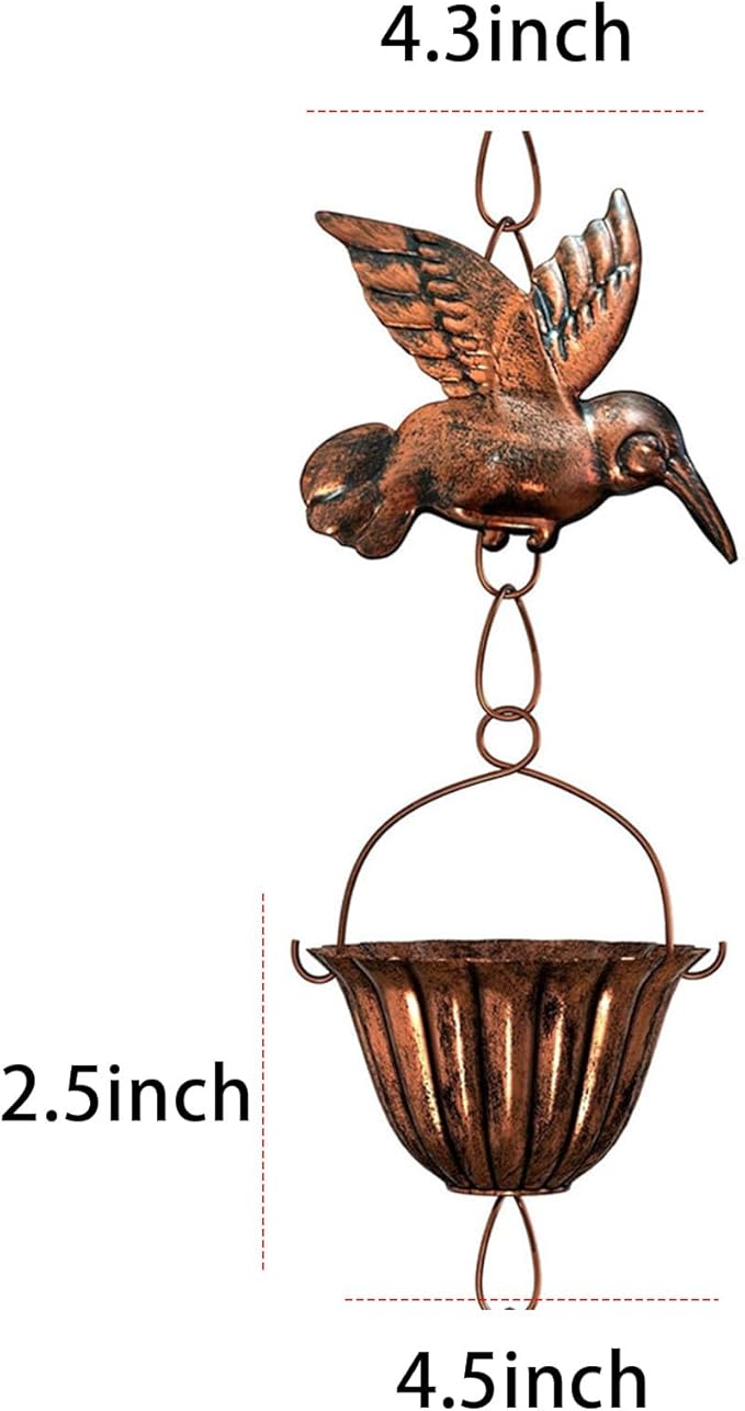 Rain Chains for Gutters, 7.87Ft Hummingbird and Cup Rain Chains for Gutters, Adjustable Rain Chimes for Outside Replacement Downspout for Gutters Eaves Drainage, Copper