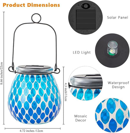 Starsoul 4 Pack Solar Lanterns Outdoor Waterproof, Elegant Blue Glass Mosaic Solar Lantern, Solar Hanging Lights Outside Patio Porch Yard Decor