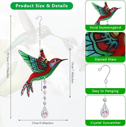 Hummingbird Suncatchers,Stained Glass Window Hanging Ornament,Rainbow Maker Crystal Garden Suncatcher for Outdoor Home Indoor Yard Decoration