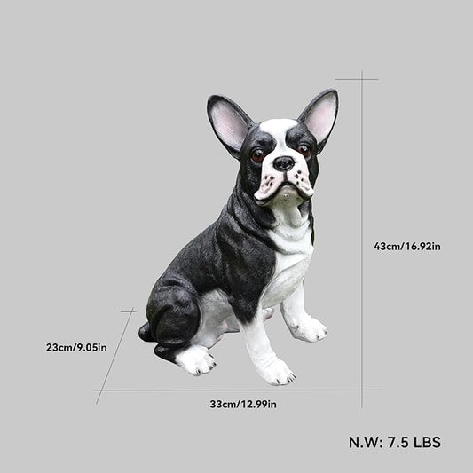 Cheerful Black & White Boston Terrier Dog Sculpture with Solar Lantern & Double-Sided 'On Patrol' and 'Welcome' Signposts – Fun Outdoor Resin Statue for Garden, Yard, and Patio Décor