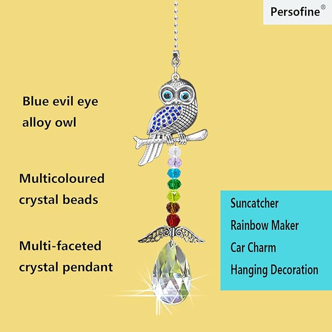 Hanging Crystal Charm Owl Suncatcher for Window and Home Decor,Blue Evil Eye Protection and Good Luck Car Charm Pendant (Owl)