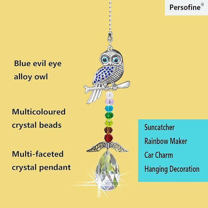 Hanging Crystal Charm Owl Suncatcher for Window and Home Decor,Blue Evil Eye Protection and Good Luck Car Charm Pendant (Owl)