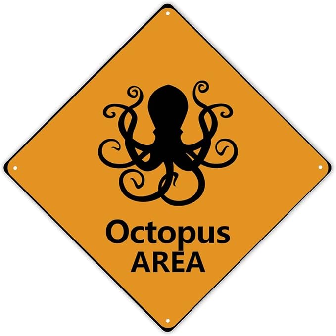 Caution Octopus Crossing XING Tin Sign Octopus Area Warning Street Sign Ocean Animal Novelty Caution Road Sign for Home Man Cave Door Porch Garden 15x15in