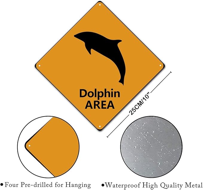 Warning Dolphin Area Metal Tin Sign Ocean Animal Caution Crossing Xing Street Sign Yellow Diamond Shape Funny Metal Sign For Indoor Outdoor Highway10x10in