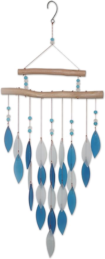 Sunset Vista Designs Windchime - Handcrafted Arrow Falls Sea Glass & Driftwood Wind Chime, 28.25" Long, Blue