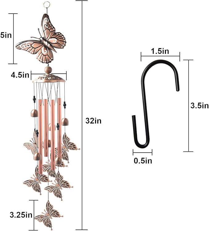Butterfly Wind Chimes Brass, Sympathy Wind Chimes Outdoor Gifts for Mom Gift Garden Windchimes Decorations Outdoor Patio Decorations with S Hook Indoor and Outdoor.