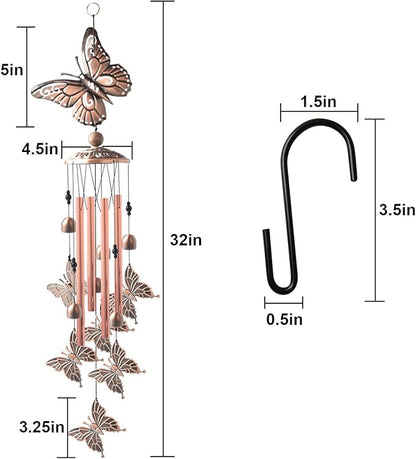 Butterfly Wind Chimes Brass, Sympathy Wind Chimes Outdoor Gifts for Mom Gift Garden Windchimes Decorations Outdoor Patio Decorations with S Hook Indoor and Outdoor.