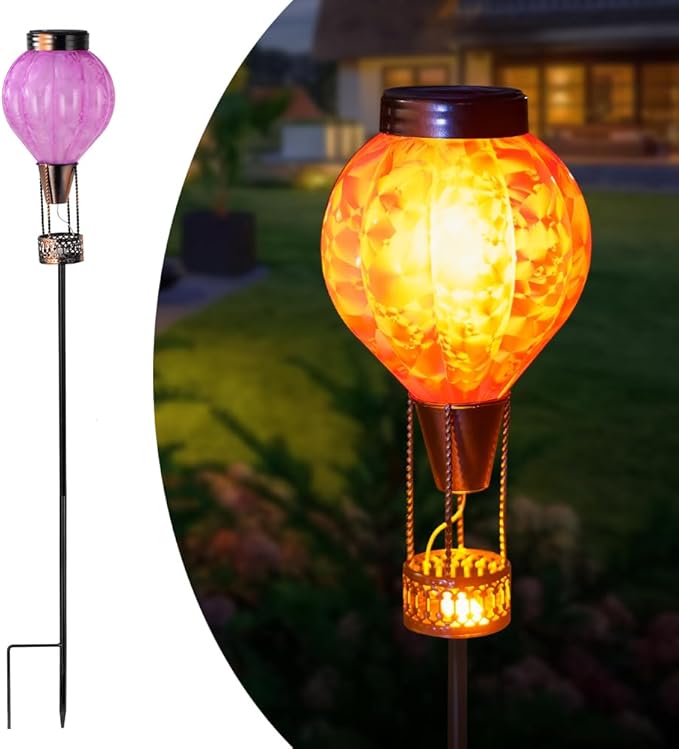 Solar Garden Lights Outdoor with Hot Air Balloon, Stake Garden Lights Solar Waterproof Flickering Lantern Lawn Pathway Patio Decor(Purple)