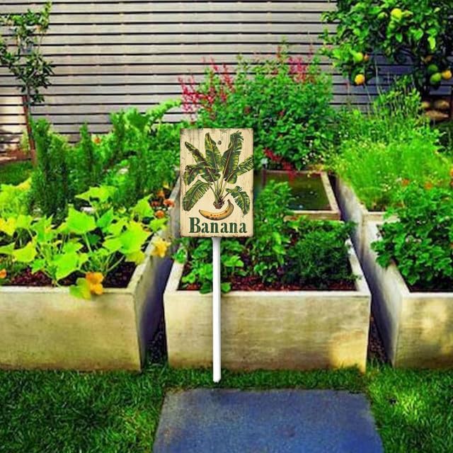 Uptell Vintage Aluminum Banana Fruit Signs Yard Sign with Stake for Garden Fruit Garden Label Stakes Plant Markers for Outdoor Plants Waterproof 8x12 inch