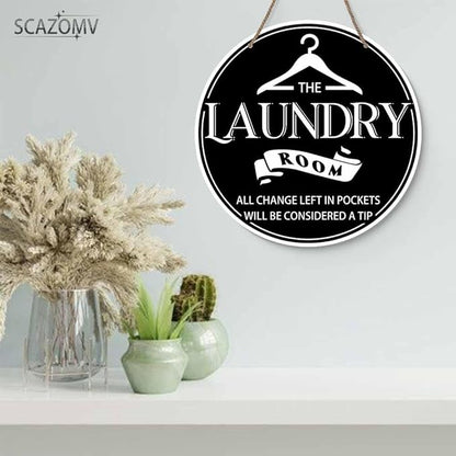 Laundry Room All Change Left In Pockets Will Be Considered A Tip Black Round Rustic Wood Sign Plaque Vintage Wall Art Cute Wooden Hanging Sign Decor for Home Farmhouse Bathroom 12 Inch