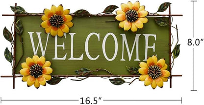 Welcome Sign Metal Hanging Sunflower Signs for Front Door Porch Wall - Rustic Decorative Door Hanger Indoor Outdoor Spring Decoration Wreath Decor (A)