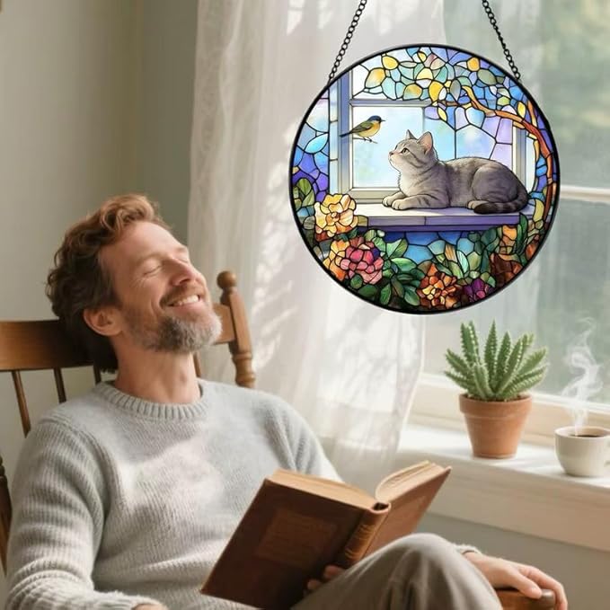 Stained Glass Cat Window Suncatcher, Cat on Windowsill Sun Catcher, Colorful Pet Lover Window Decor Gift